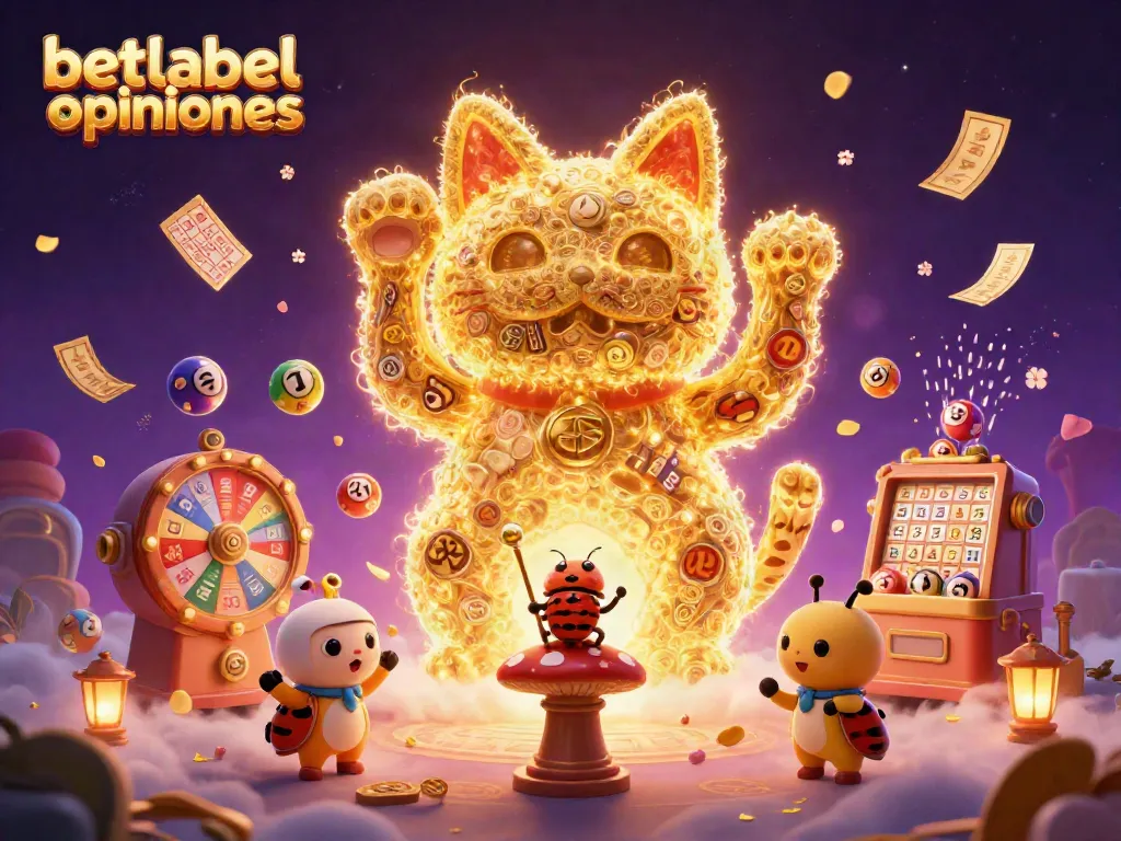 Explore betlabel opiniones with a vibrant 3D illustration featuring a lucky cat and colorful casino elements.