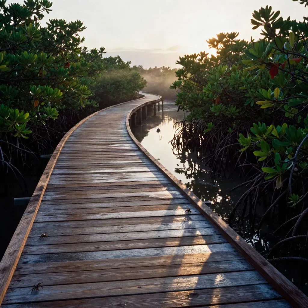 Pasarela de madera en manglar al amanecer, agua quieta, garza lejana y cangrejos.