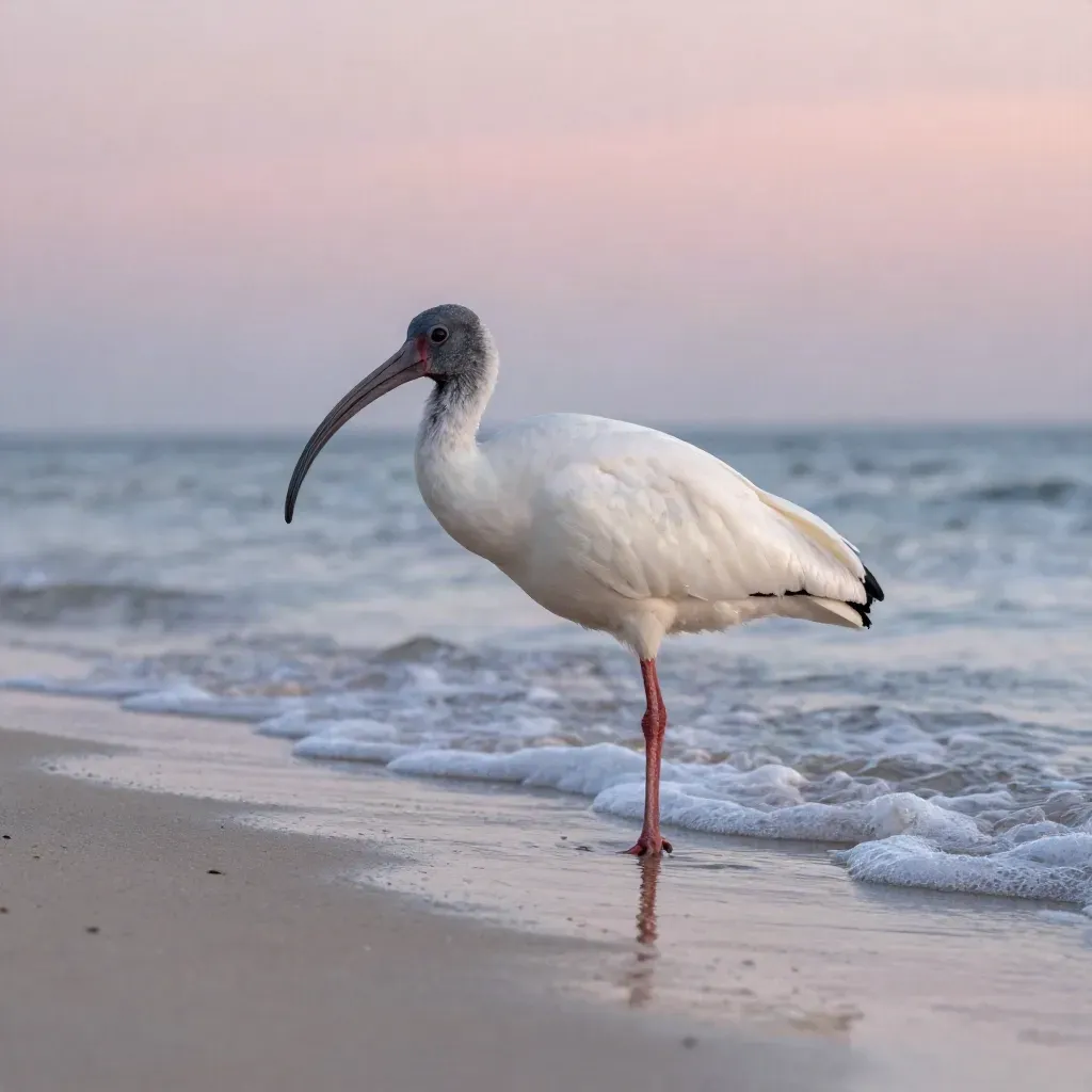 Ibis solitario al amanecer sobre arena mojada, con su reflejo y una fina línea de espuma.
