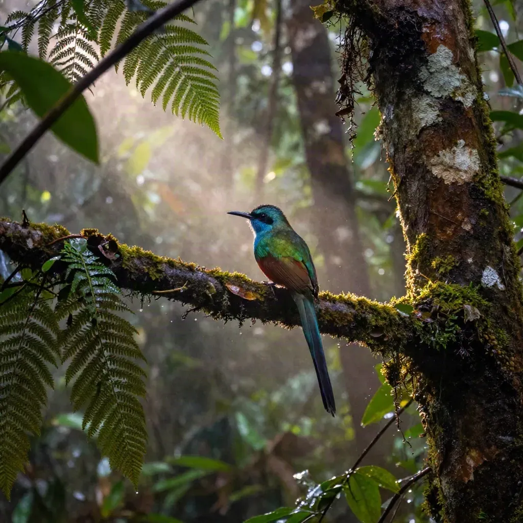 Un motmot se sacude en una rama húmeda entre helechos y vapor tras la lluvia.