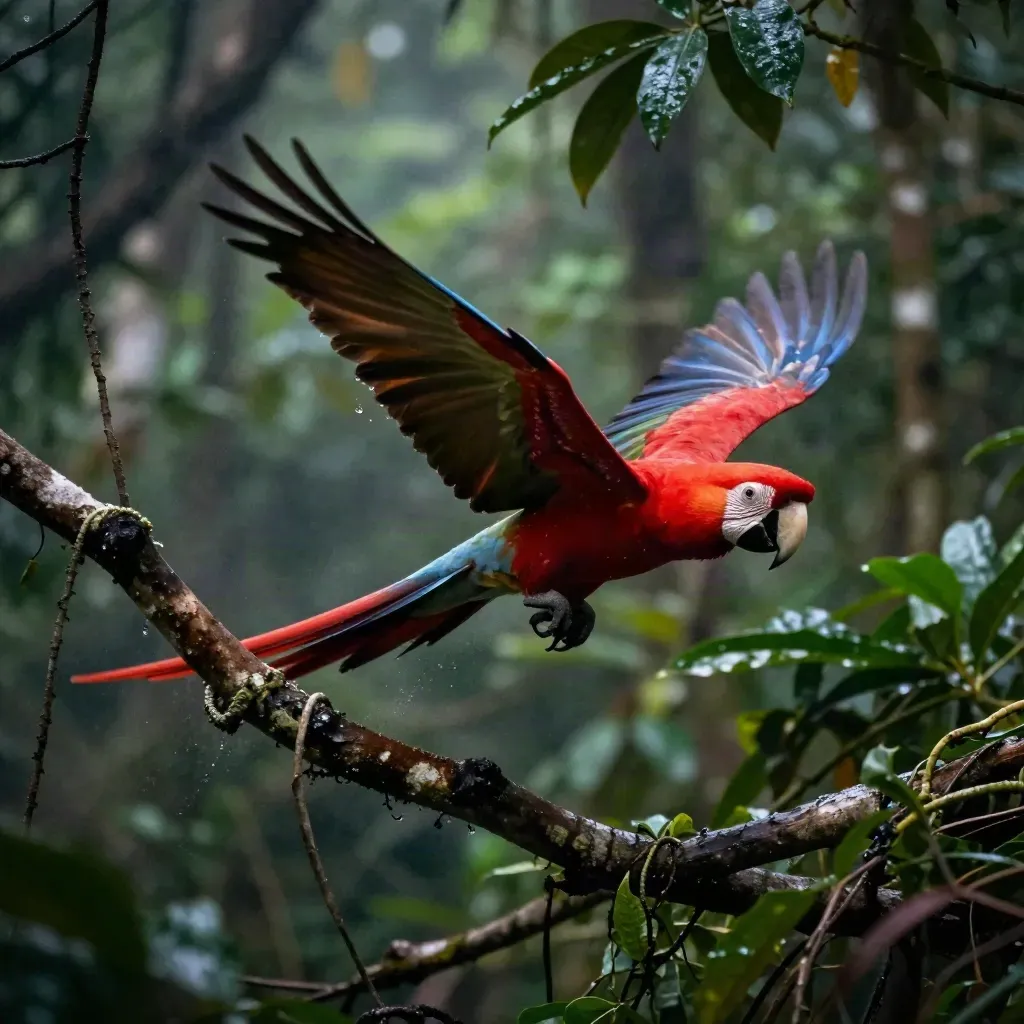 Guacamayo rojo en vuelo entre hojas mojadas y niebla en un claro de selva.