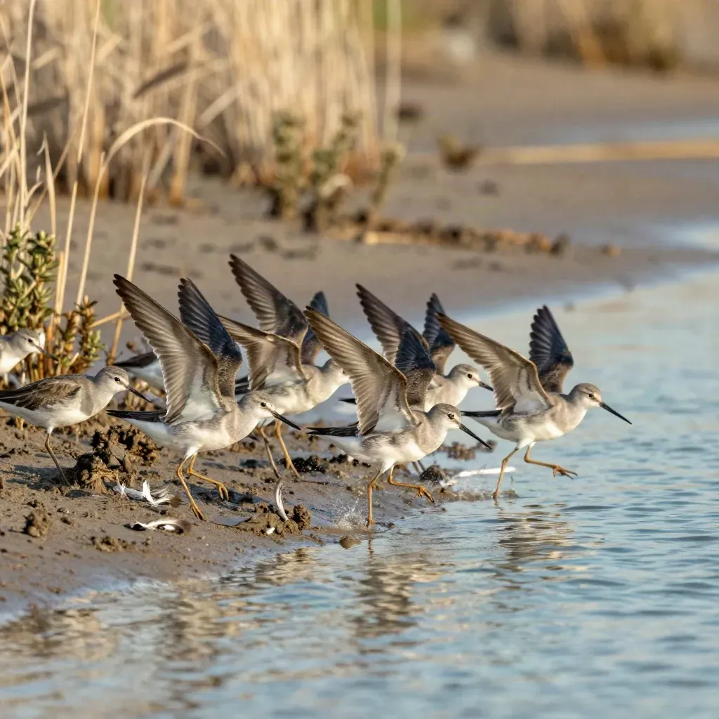 Bandada de aves del delta alzando vuelo sobre limo, juncos y agua somera