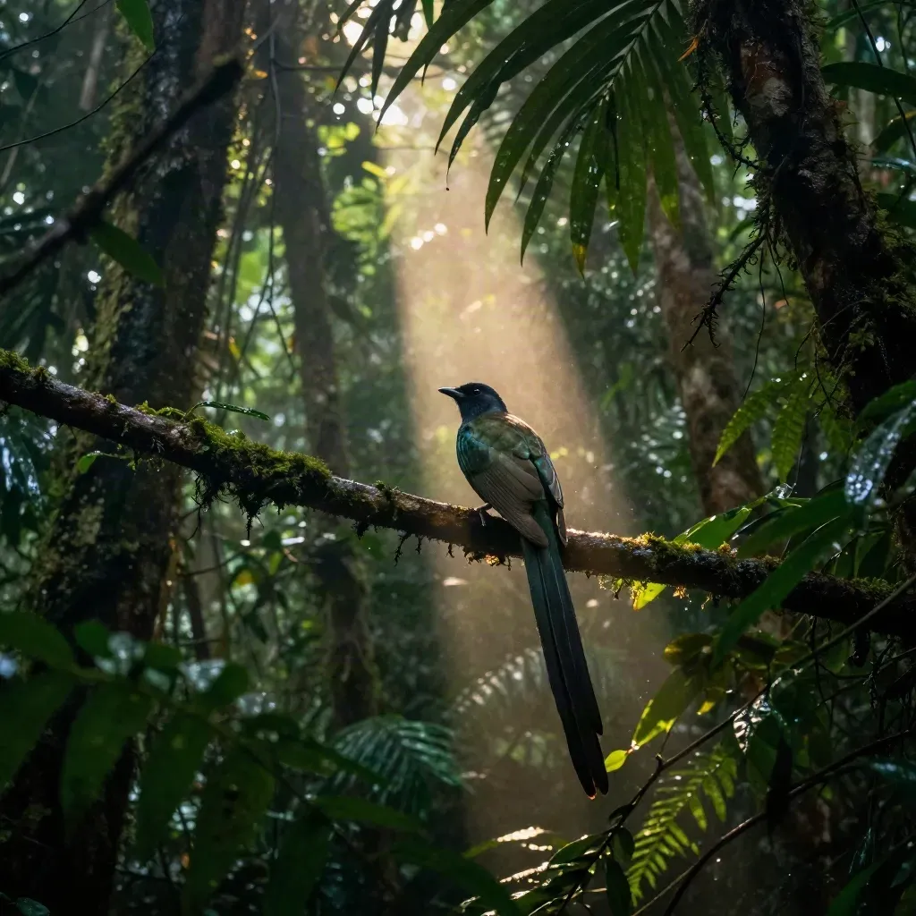 Trogón inmóvil en selva densa, con un rayo de luz atravesando la humedad verde.