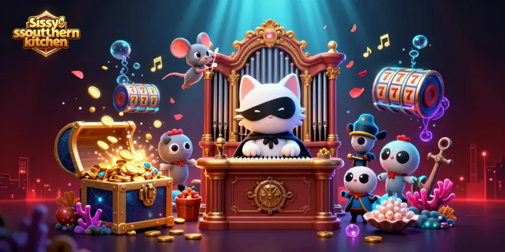 Sissyssouthernkitchen showcases an engaging casino illustration with a phantom cat, adding dynamic slot reels and vibrant elements.