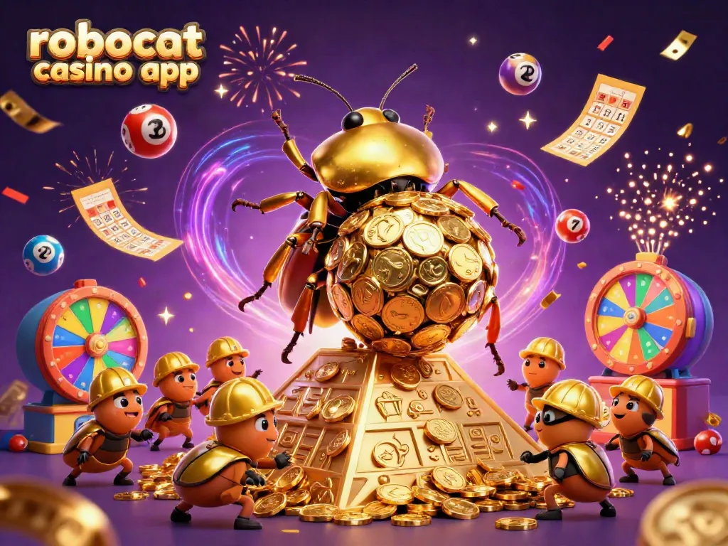 Experience the fun at robocat casino app with a colorful 3D casino illustration featuring exciting games.